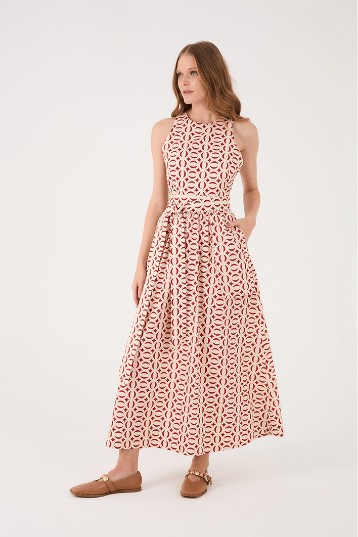 Vestido Midi Tricoline Estampa Cobogós