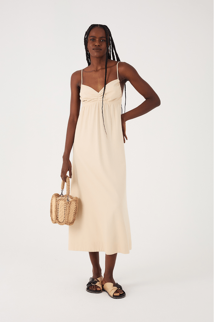 Vestido Midi Linho Busto Franzido