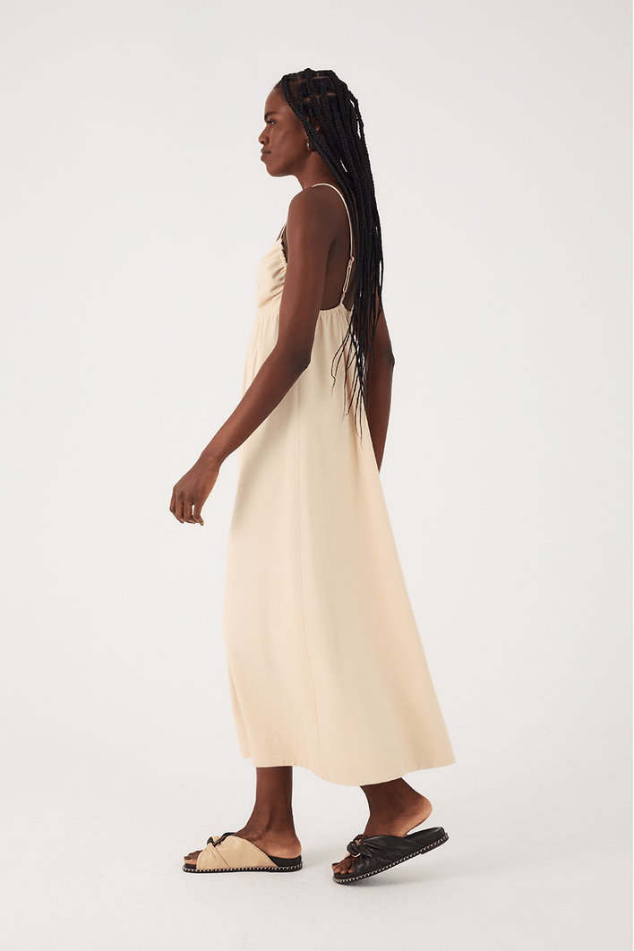 Vestido Midi Linho Busto Franzido