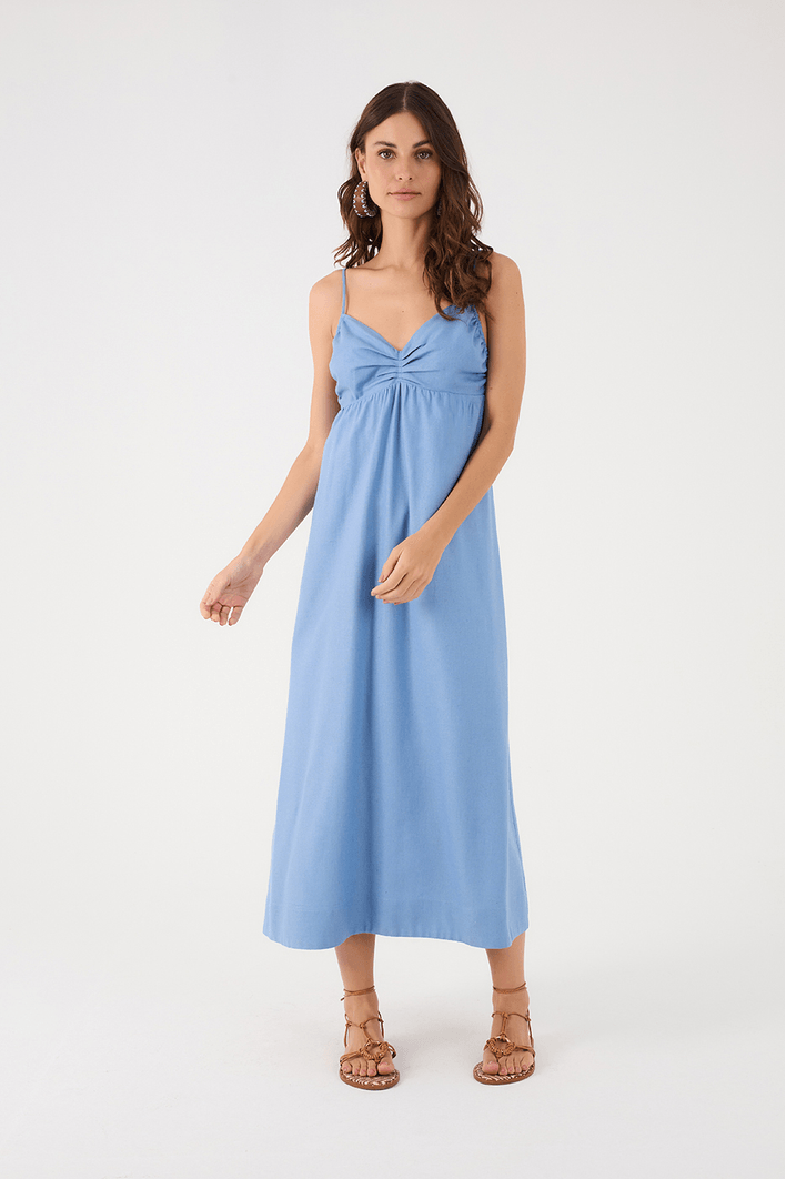 Vestido Midi Linho Busto Franzido