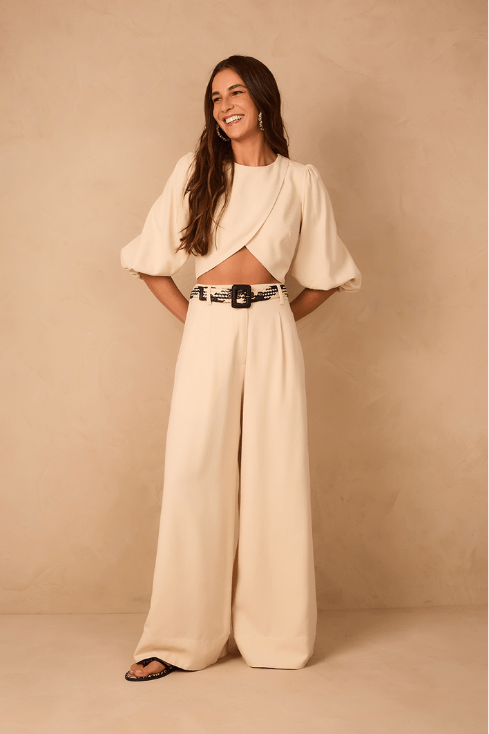 Calça Linho Pantalona Cós Elástico