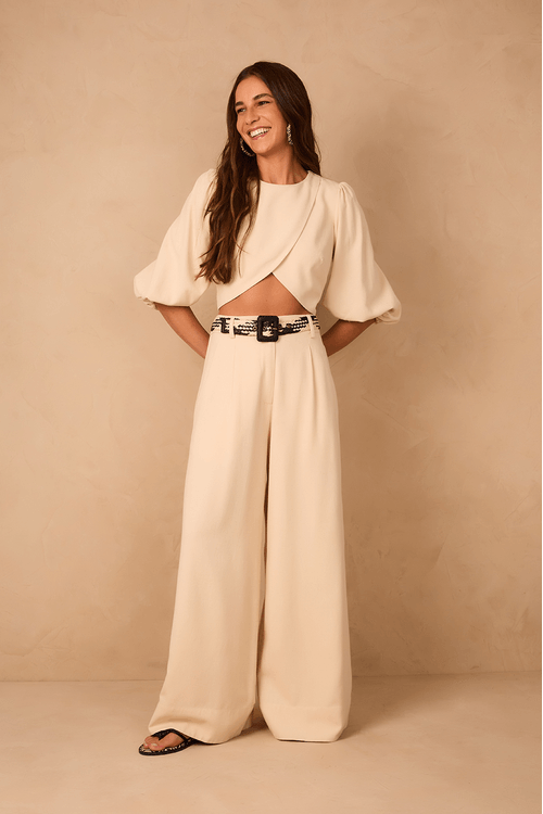 Calça Linho Pantalona Cós Elástico