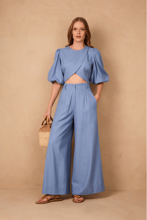 Calça Linho Pantalona Cós Elástico