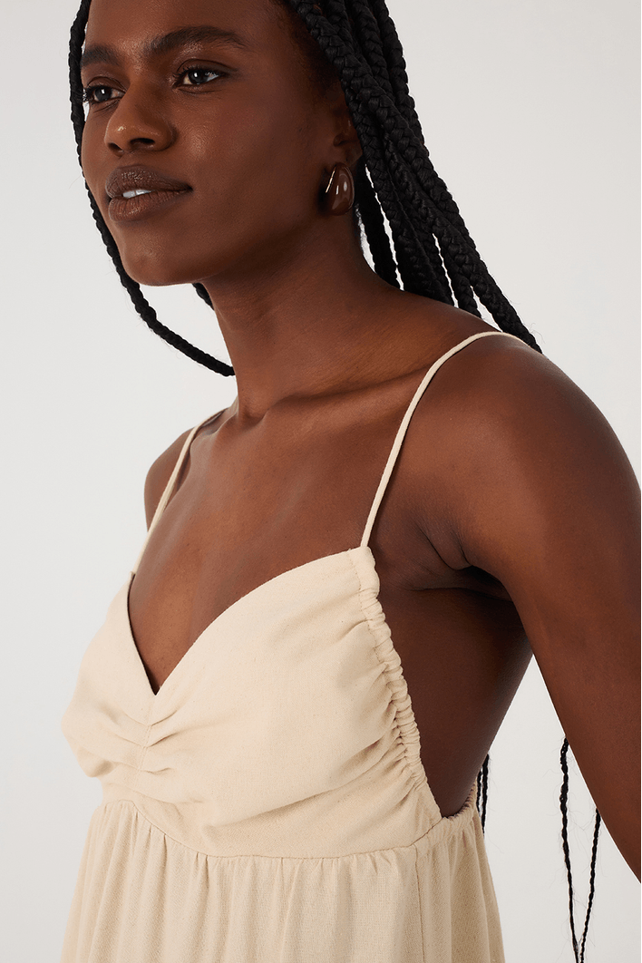 Vestido Midi Linho Busto Franzido