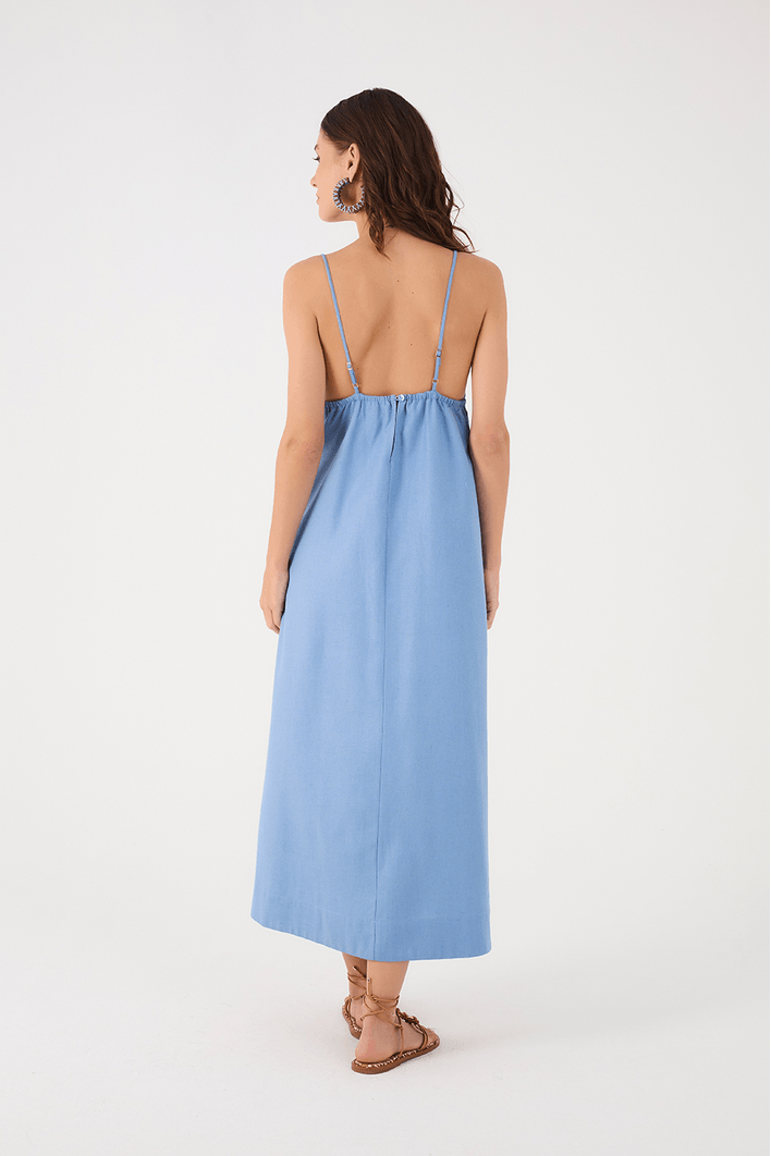 Vestido Midi Linho Busto Franzido