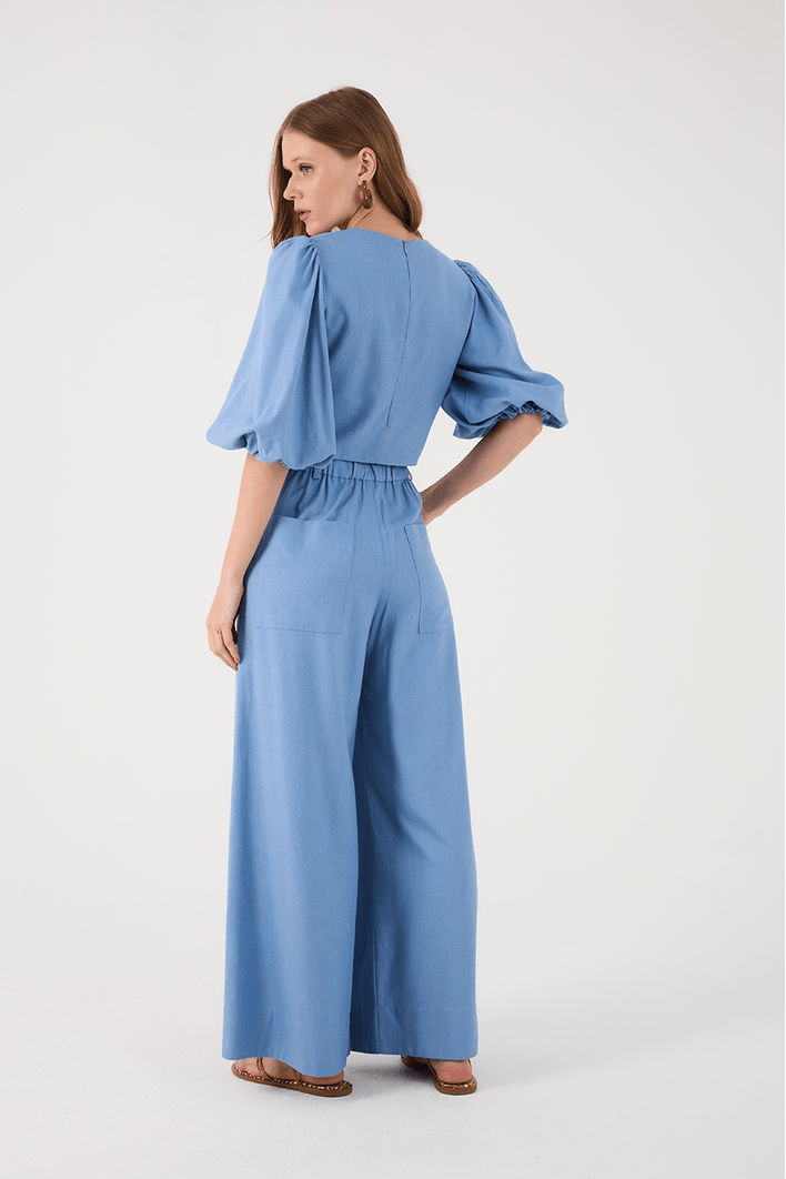 Calça Linho Pantalona Cós Elástico