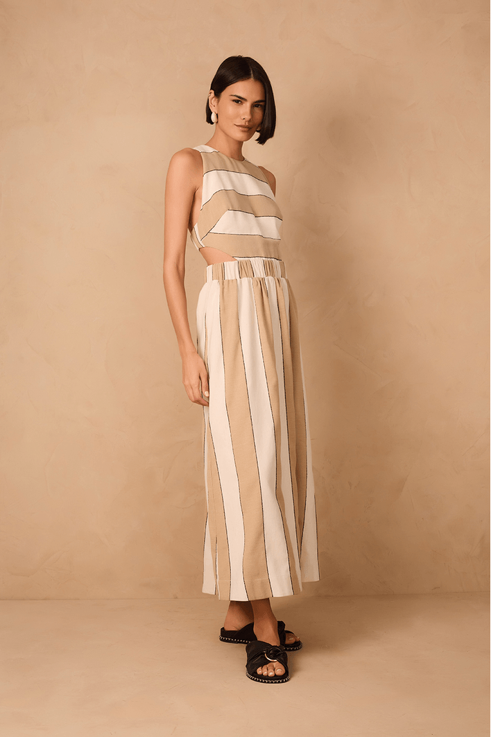 Vestido Cropped Linho Listras Recorte