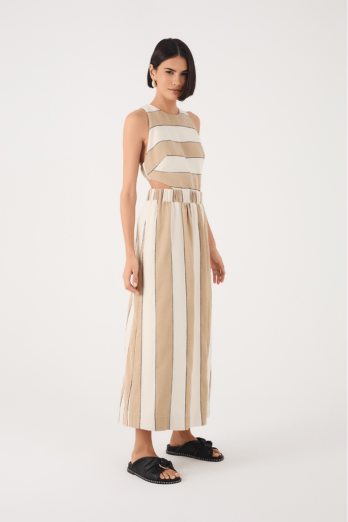 Vestido Cropped Linho Listras Recorte
