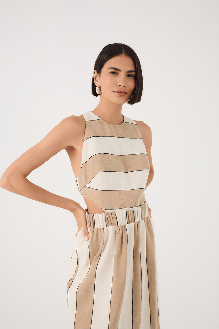 Vestido Cropped Linho Listras Recorte