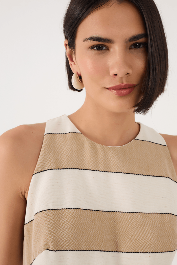 Vestido Cropped Linho Listras Recorte
