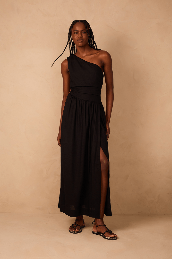Vestido Longo Linho Cintura Deslocada