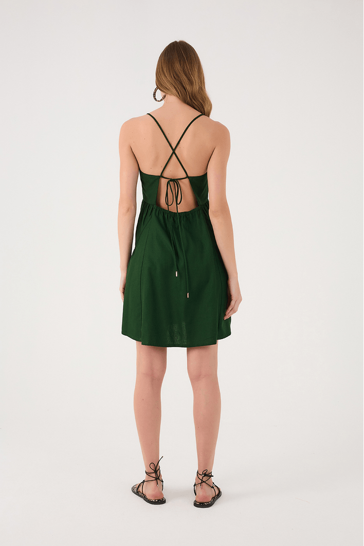 Vestido Curto Linho Bolsos Laterais