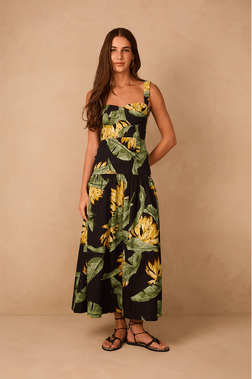 Vestido Midi Tricoline Estampa Paraíso