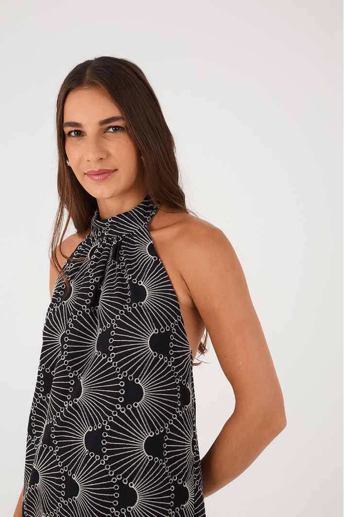 Vestido Cropped Algodão Bordado Ondas