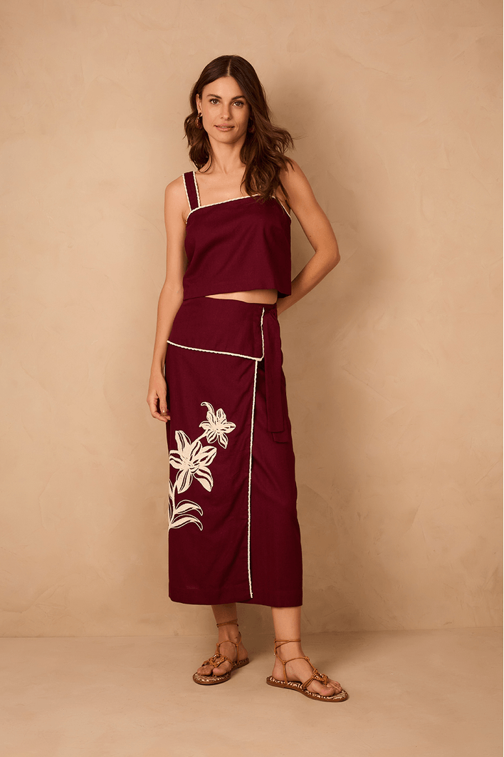 Saia Midi Linho Bordado Flores