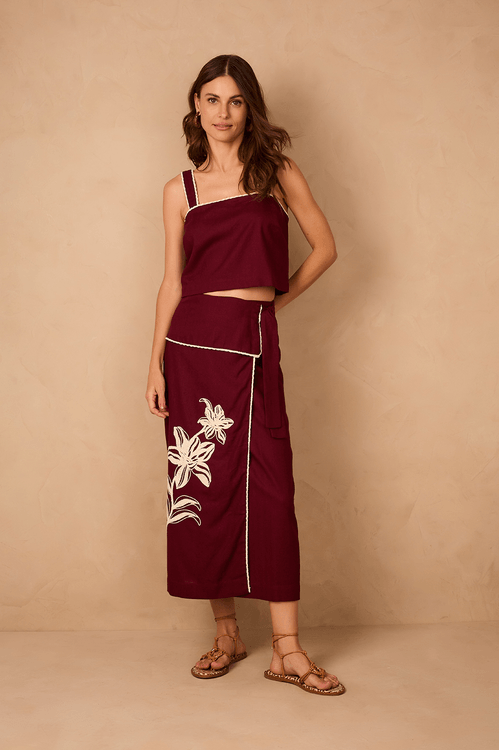 Saia Midi Linho Bordado Flores
