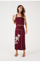 Saia Midi Linho Bordado Flores