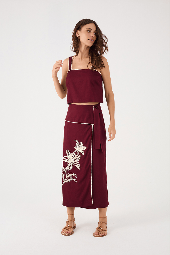 Saia Midi Linho Bordado Flores