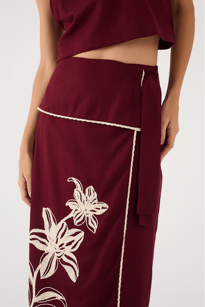 Saia Midi Linho Bordado Flores