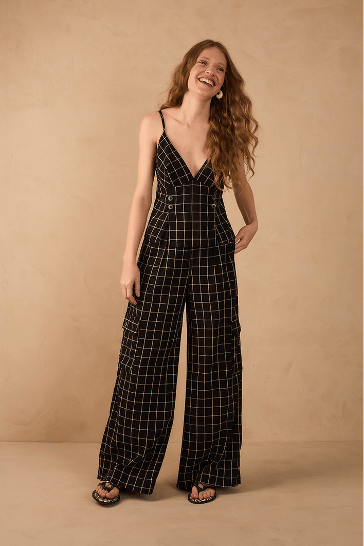 Calça Linho Xadrez Bolso Lateral