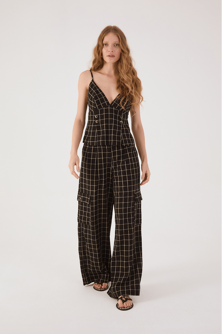 Calça Linho Xadrez Bolso Lateral