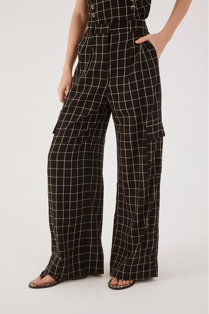 Calça Linho Xadrez Bolso Lateral