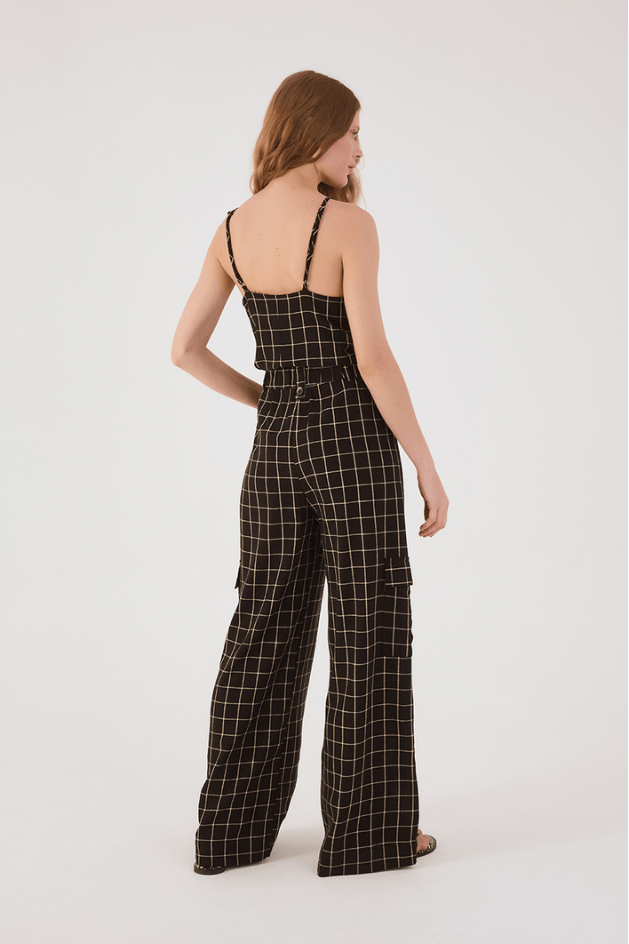 Calça Linho Xadrez Bolso Lateral