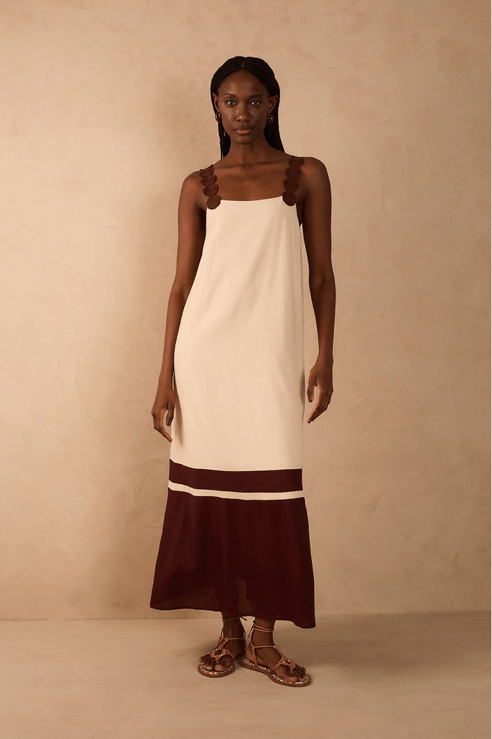 Vestido Midi Linho Alça Bolas
