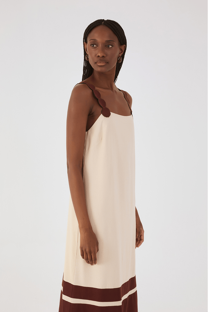 Vestido Midi Linho Alça Bolas