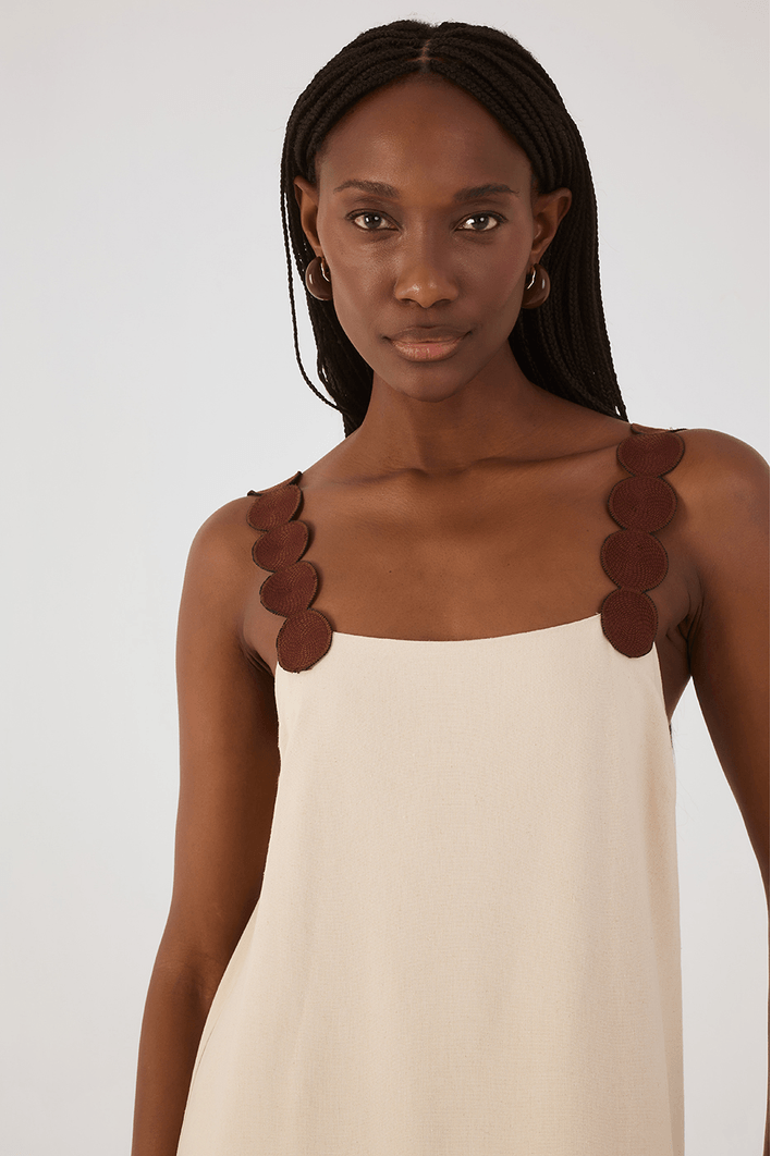 Vestido Midi Linho Alça Bolas