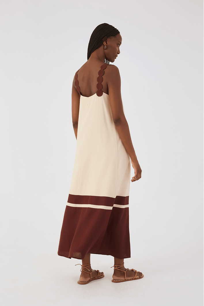 Vestido Midi Linho Alça Bolas