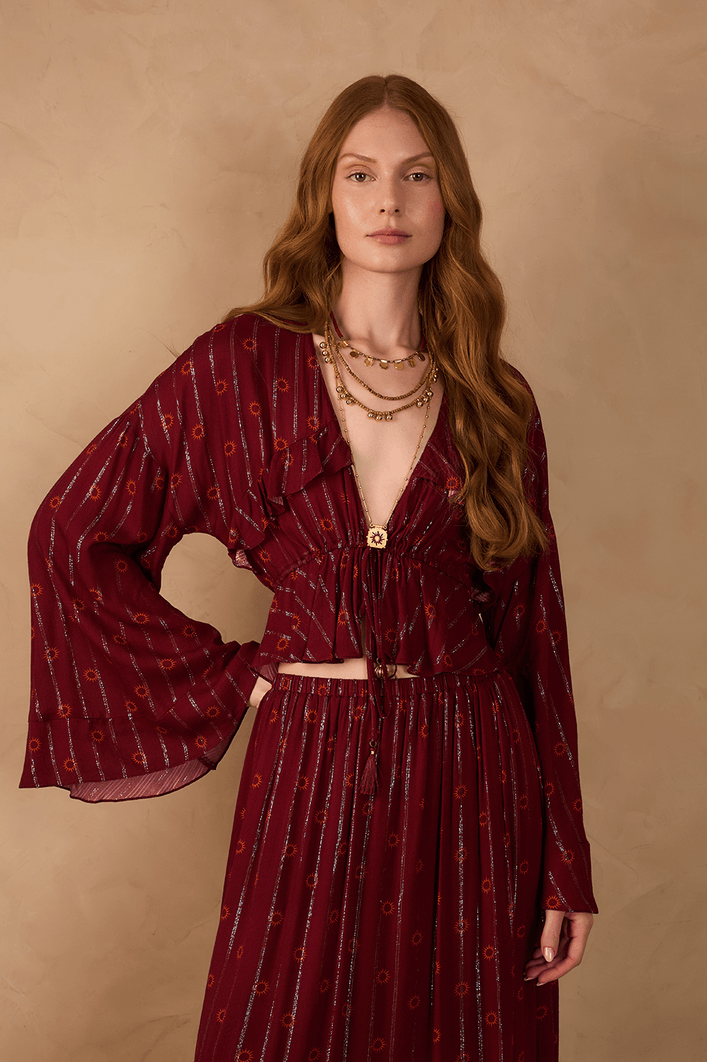 Blusa Boho Lurex Estampa Solar