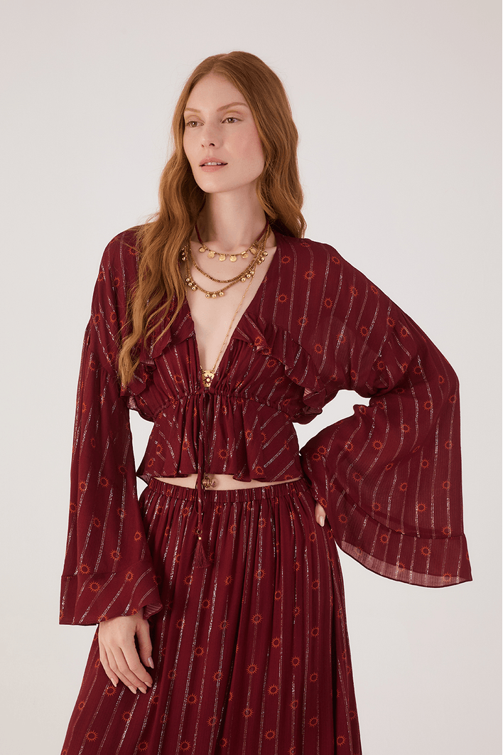Blusa Boho Lurex Estampa Solar