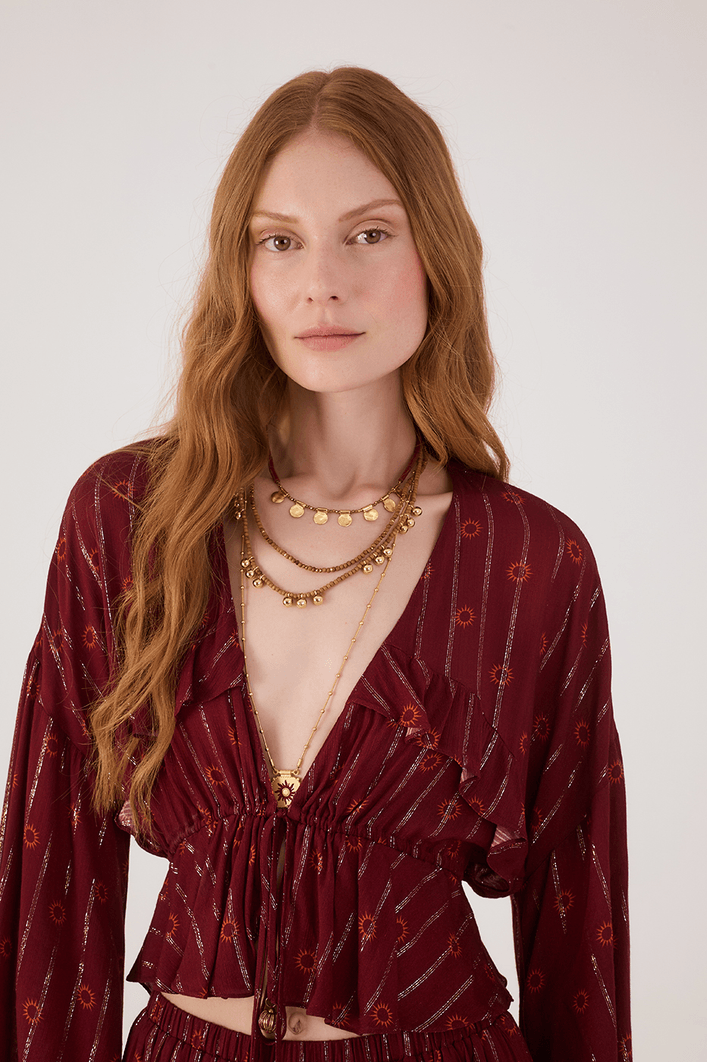 Blusa Boho Lurex Estampa Solar