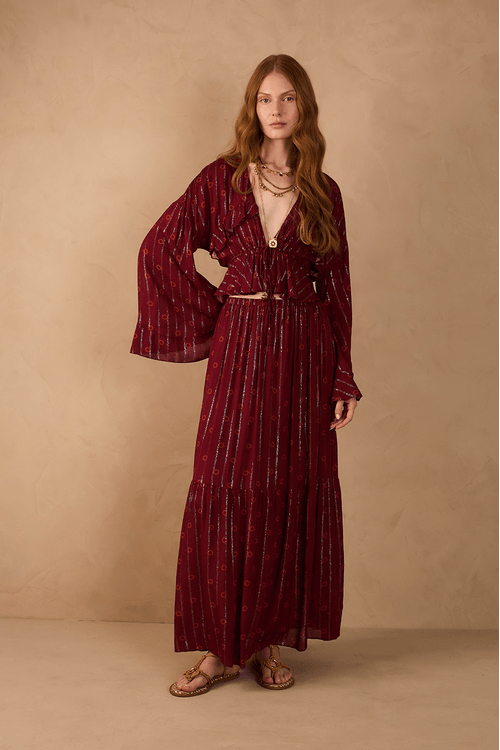 Saia Longa Boho Lurex Estampa Solar
