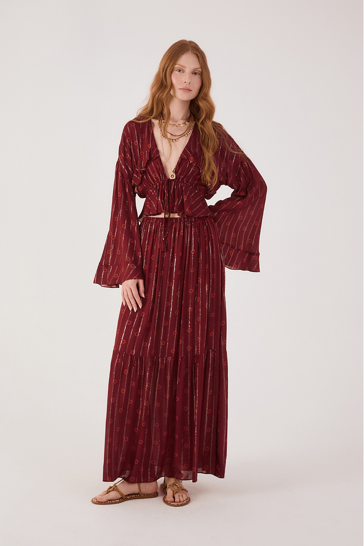 Saia Longa Boho Lurex Estampa Solar