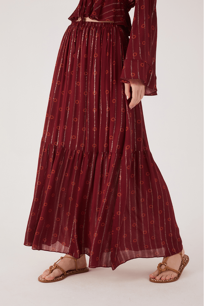 Saia Longa Boho Lurex Estampa Solar