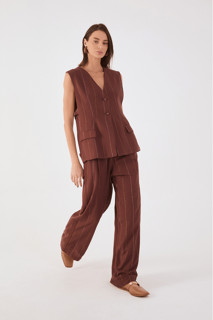 Calça Linho Lurex Fivela Cós