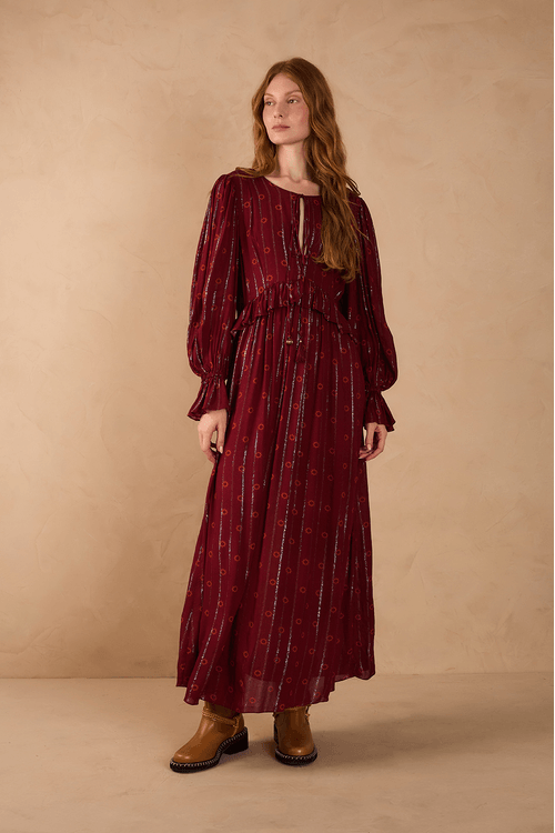 Vestido Longo Boho Lurex Estampa Solar