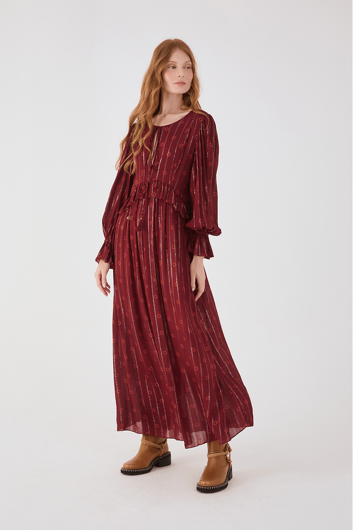 Vestido Longo Boho Lurex Estampa Solar
