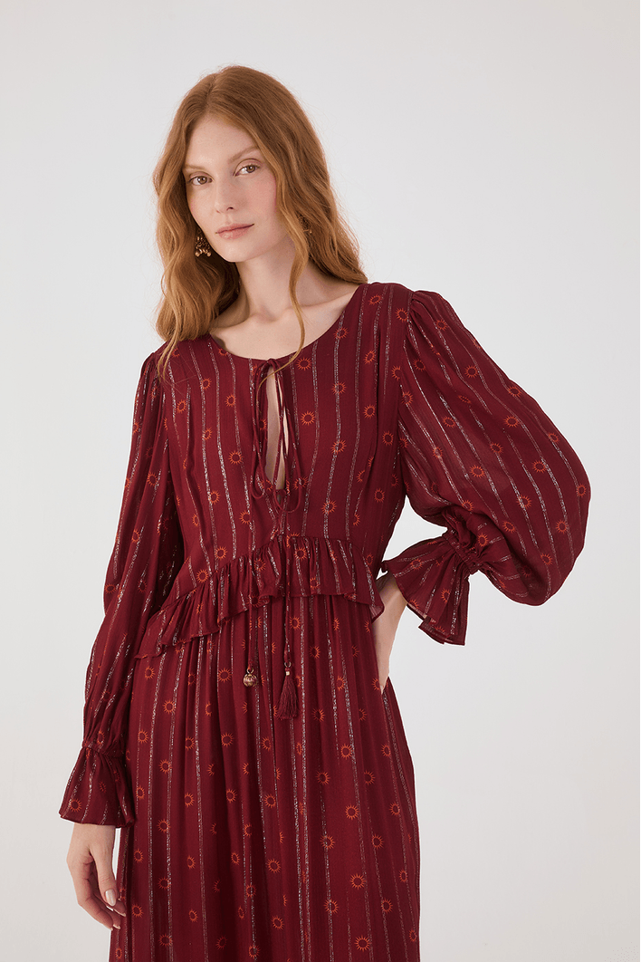 Vestido Longo Boho Lurex Estampa Solar