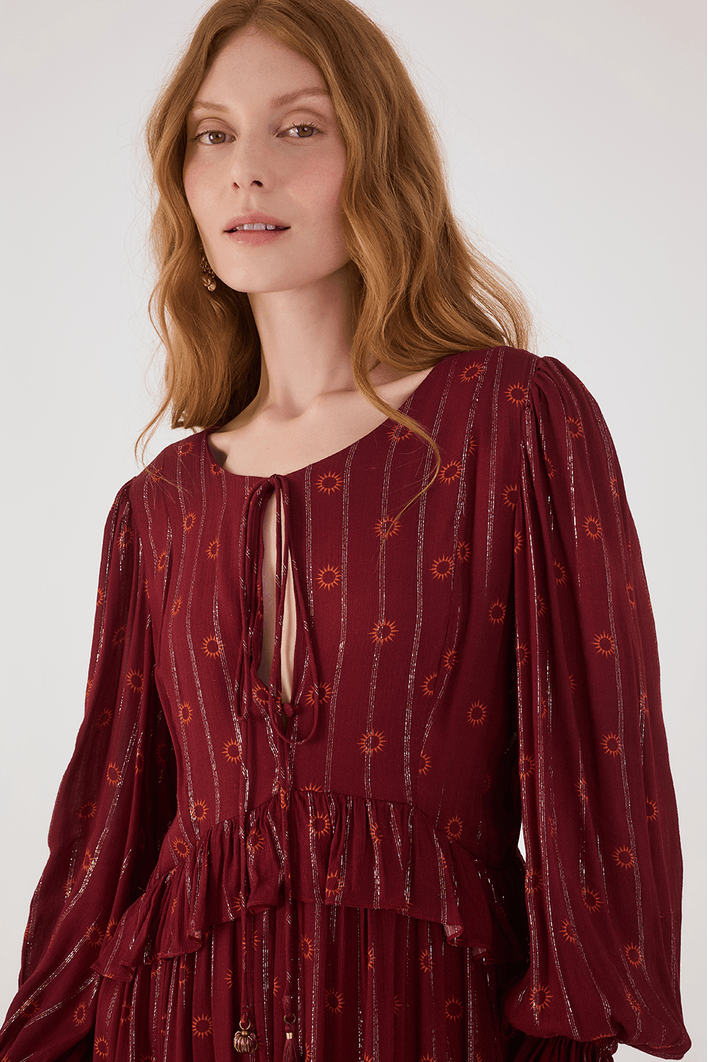 Vestido Longo Boho Lurex Estampa Solar