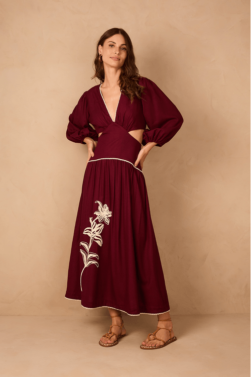 Vestido Midi Linho Bordado Flores