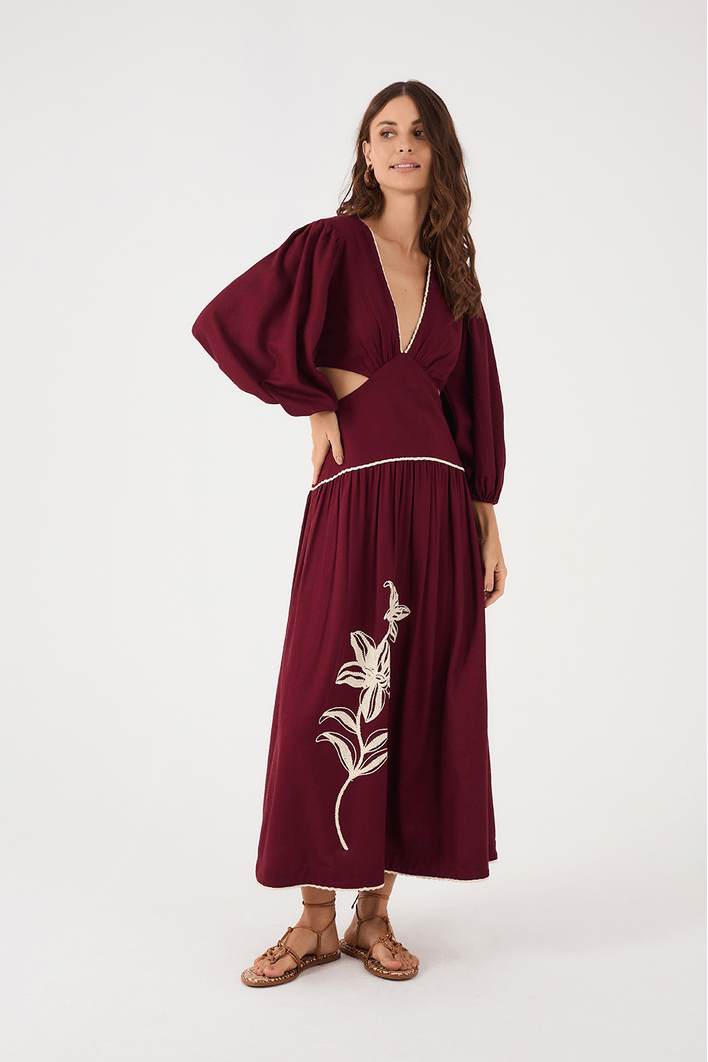 Vestido Midi Linho Bordado Flores