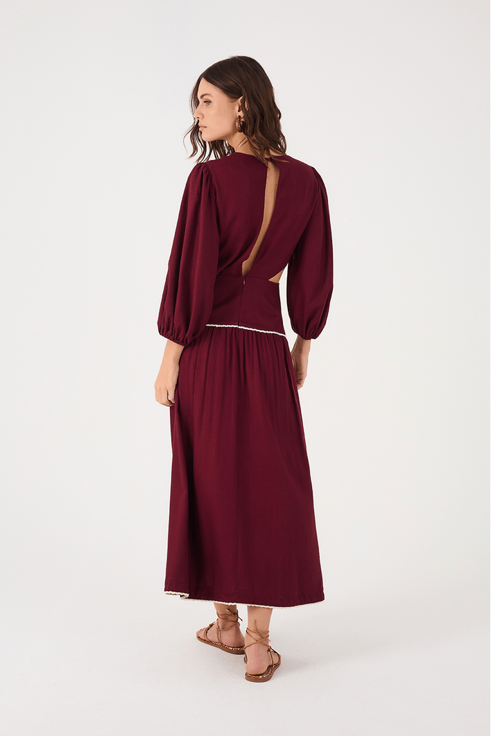 Vestido Midi Linho Bordado Flores