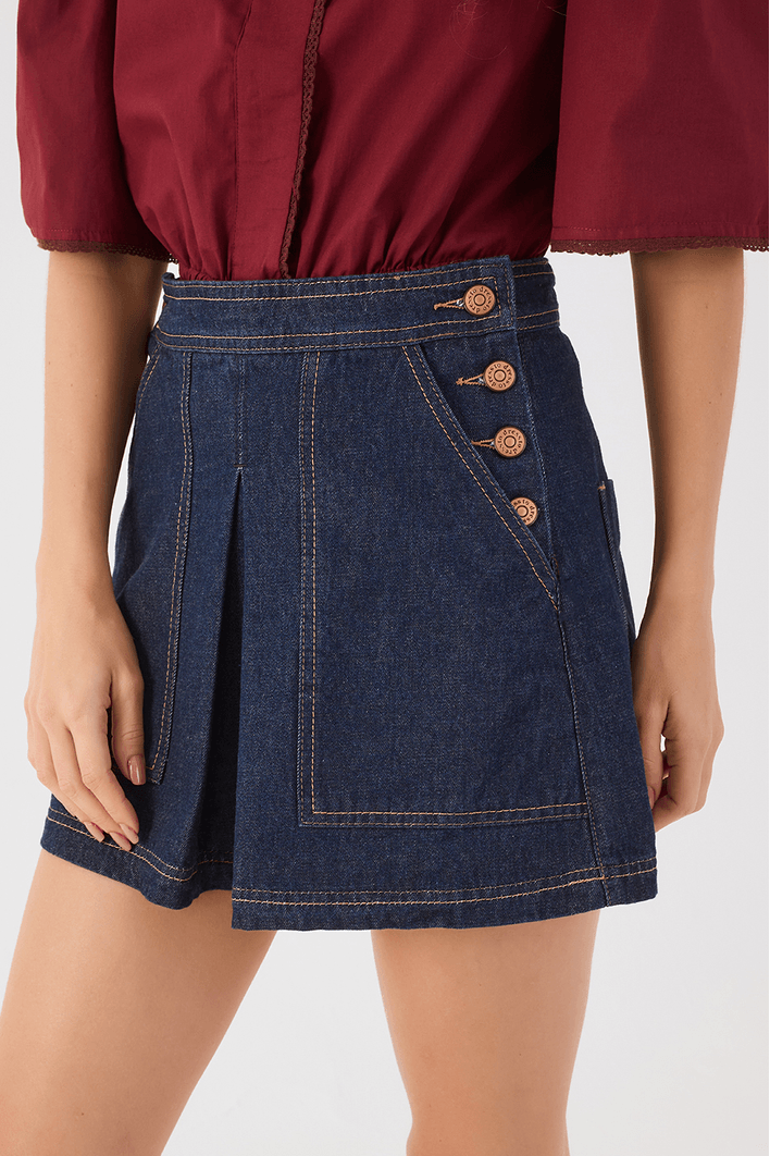 Saia Jeans Prega Botões