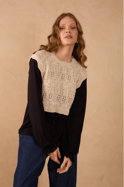 Blusa Manga Longa Malha Com Tricot