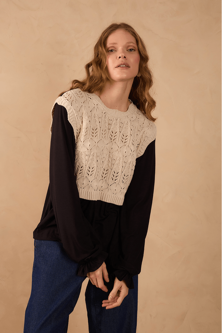 Blusa Manga Longa Malha Com Tricot