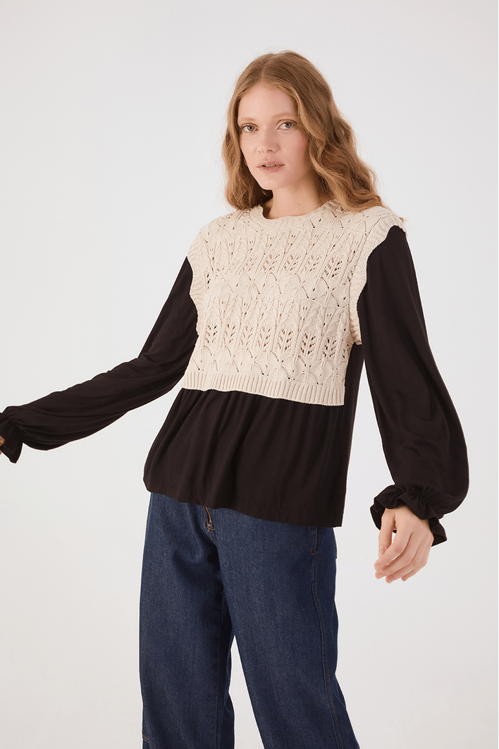 Blusa Manga Longa Malha Com Tricot