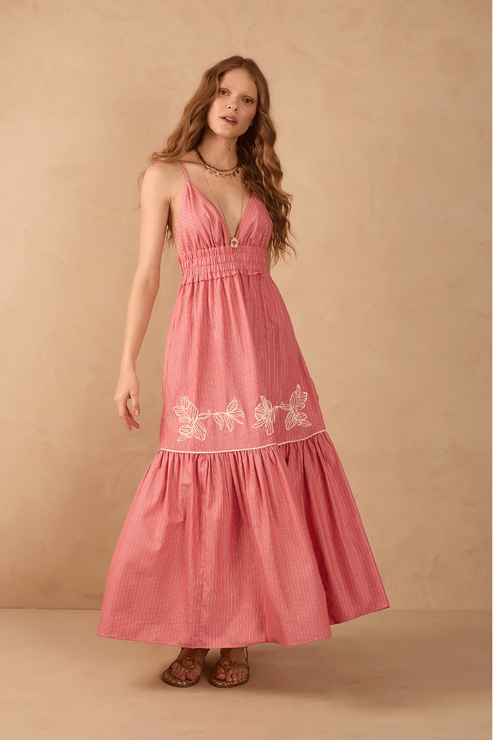 Vestido Cropped Algodão Listrado Bordado